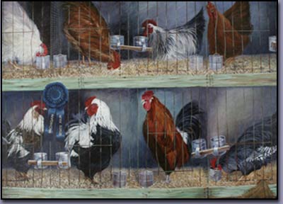 Michigan Artist Jo Chiapelli "Prize Cluck" original oil painting won a blue ribbon at the Michigan State Fair