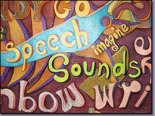 closeup of the detailed brush strokes in the Troy Michigan "Words at Play" mural created for a children's speech therapy class